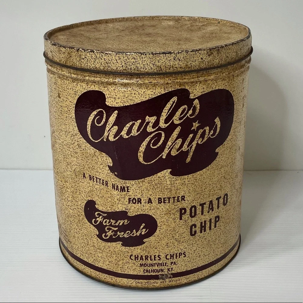 Vintage Tin Charles Chips Large Antique Farmhouse Decor MCM